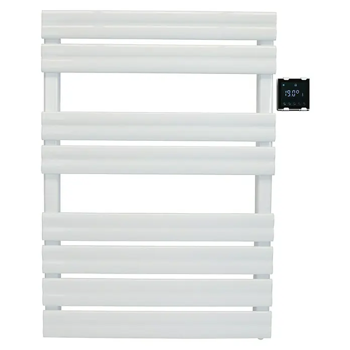 Purline Elektro-Badheizkörper NTW-16 - B x H: 56 x 79 cm, 500 W, Weiß - Ein weißer, moderner Handtuchwärmer mit digitaler Temperaturanzeige für ein stilvolles Badezimmer.