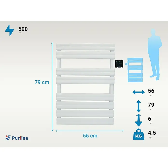 Purline Elektro-Badheizkörper NTW-16 - B x H: 56 x 79 cm, 500 W, Weiß - Abbildung eines weißen, elektrischen Handtuchwärmers mit Größenangaben und Leistungsdaten.