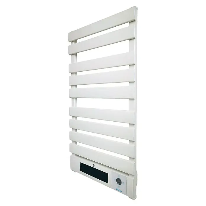 Purline Elektro-Badheizkörper NTW-25 Wifi - B x H: 55 x 91 cm, 1.500 W, Weiß - Ein weißer Handtuchwärmer mit horizontalen Heizstäben und integrierter Steuerung für angenehm warme Handtücher im Badezimmer.