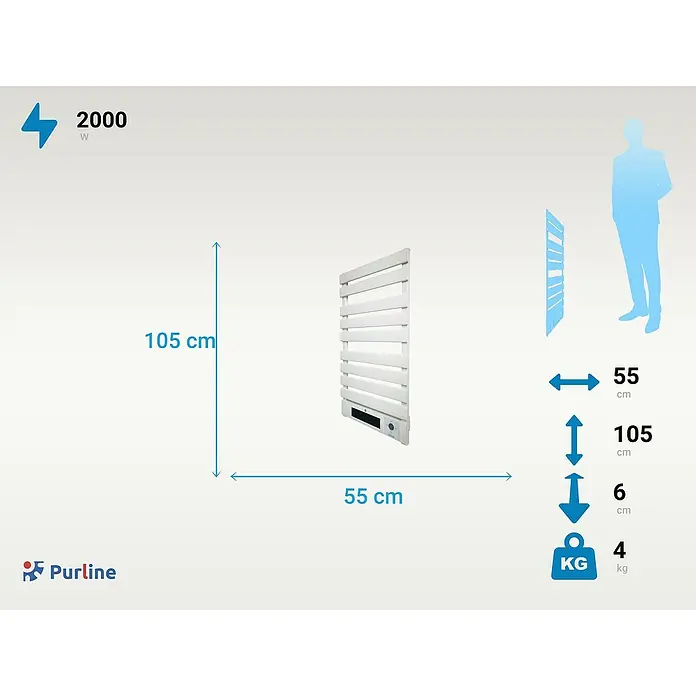 Purline Elektro-Badheizkörper NTW-25 Wifi - B x H: 55 x 91 cm, 1.500 W, Weiß - Produktabbildung eines Purline Handtuchwärmers mit den Maßen 105 x 55 x 6 cm und einem Gewicht von 4 kg, Leistung 2000 W.