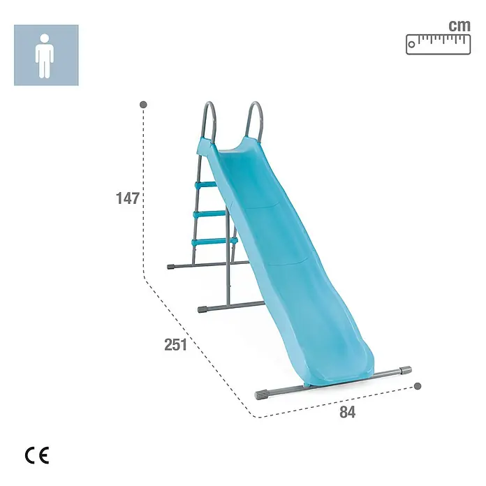 Intex Rutsche - L x B x H: 251 x 84 x 147 cm, Kunststoff, Himmelblau/Grau - Produktbild einer blauen Kinderrutsche mit den Maßen 147 cm Höhe, 251 cm Länge und 84 cm Breite.