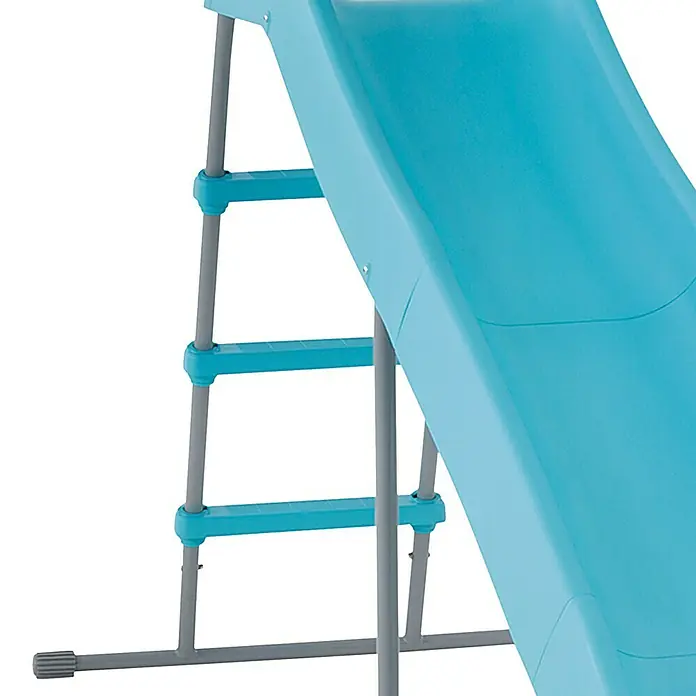Intex Rutsche - L x B x H: 251 x 84 x 147 cm, Kunststoff, Himmelblau/Grau - Nahaufnahme einer blauen Kinderrutsche mit grauen Sprossen, ideal für sicheren Spielspaß im Freien.