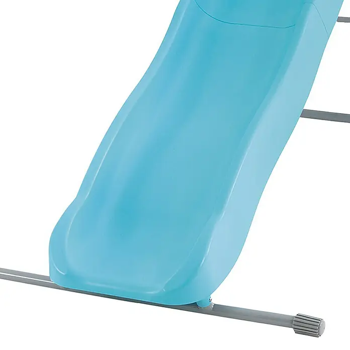 Intex Rutsche - L x B x H: 251 x 84 x 147 cm, Kunststoff, Himmelblau/Grau - Nahaufnahme einer blauen Kinderrutsche mit grauem Metallrahmen, die einen spielerischen und sicheren Spielplatzspaß verspricht.