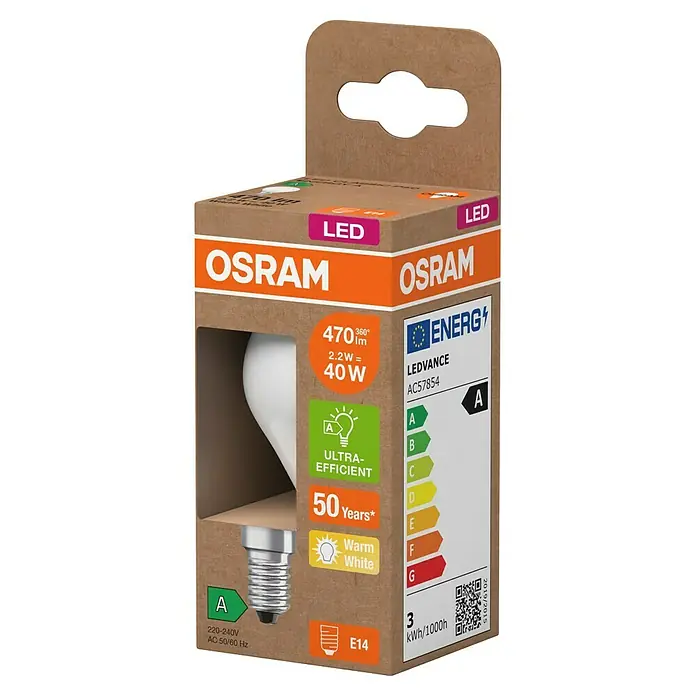 Osram LED-Leuchtmittel CLP40 - 2,2 W, 470 lm, Weiß - Nahaufnahme der Verpackung einer OSRAM LED-Lampe, die Energieeffizienz und Produktdetails hervorhebt.