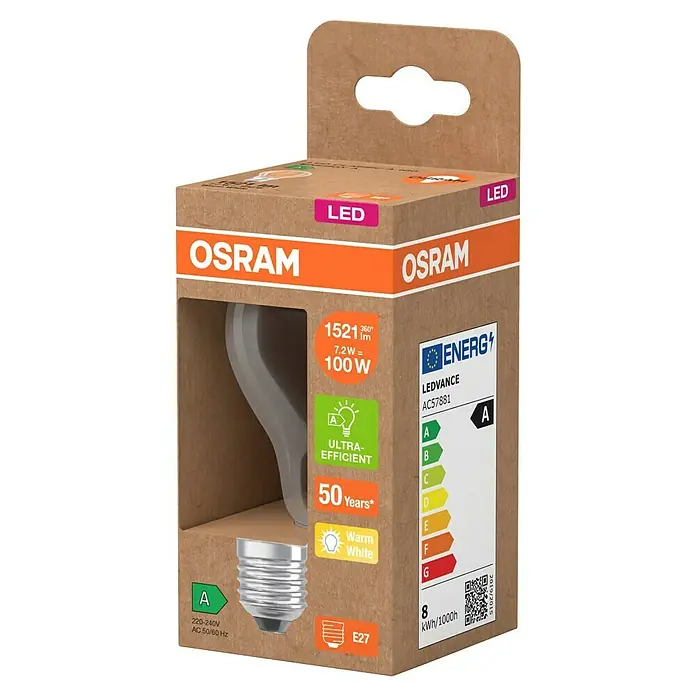 Osram LED-Leuchtmittel CLA100 - 7,2 W, 1.521 lm, Klar - LEDVANCE OSRAM LED-Lampe in einer braunen Verpackung, die Energieeffizienz und lange Lebensdauer hervorhebt.