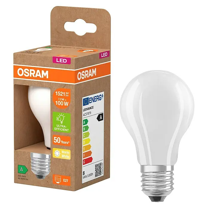 Osram LED-Leuchtmittel CLA100 - 7,2 W, 1.521 lm, Weiß - LED-Lampe von Osram, Energieeffizienzklasse A, 7,2W, E27 Sockel, mit Verpackung, für warmweißes Licht und lange Lebensdauer.