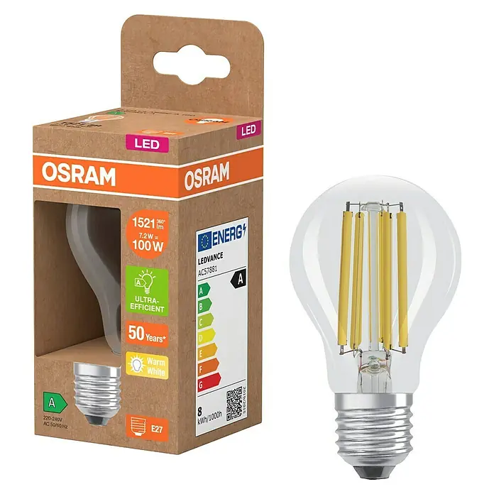 Osram LED-Leuchtmittel CLA100 - 7,2 W, 1.521 lm, Klar - Bild einer OSRAM LED-Lampe in ihrer Verpackung, die Energieeffizienz und lange Lebensdauer hervorhebt.