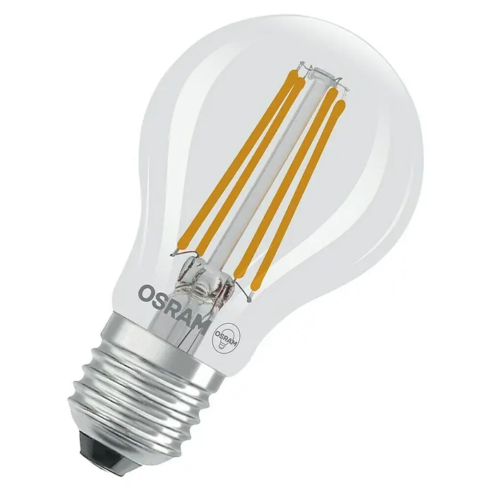 Osram LED-Leuchtmittel CLA100 - 7,2 W, 1.521 lm, Klar - Nahaufnahme einer OSRAM LED-Lampe mit klarem Glas und sichtbaren LED-Filamenten, die ein warmes, einladendes Licht verspricht.