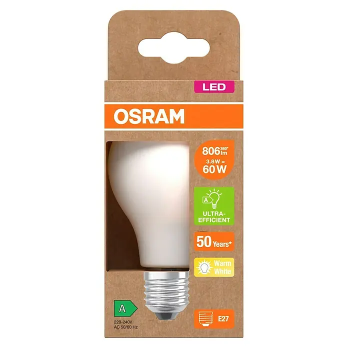 Osram LED-Leuchtmittel CLA60 - 3,8 W, 806 lm, Weiß - Verpackung einer Osram LED-Lampe, die 50 Jahre hält, 806 Lumen liefert und nur 3,8 W verbraucht, was einer 60-W-Glühbirne entspricht.