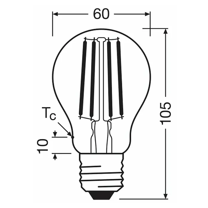 Osram LED-Leuchtmittel CLA100 - 7,2 W, 1.521 lm, Klar - Schema einer Glühbirne mit LED-Filamenten und Maßangaben zu Größe und Abstand.\n
