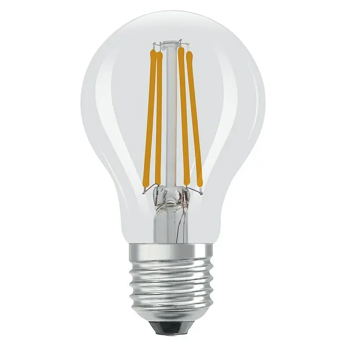 Osram LED-Leuchtmittel CLA60 - 3,8 W, 806 lm, Klar - Nahaufnahme einer klaren LED-Glühbirne mit filiformen Filamenten, die ein warmes, einladendes Licht ausstrahlt und Energieeffizienz bietet.