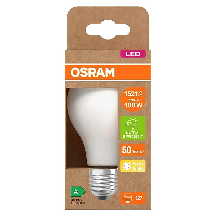 Osram LED-Leuchtmittel CLA100 - 7,2 W, 1.521 lm, Weiß - Nahaufnahme einer OSRAM LED-Lampe mit 1521 Lumen, 7.2W entspricht 100W, ultraeffizient und E27-Sockel.