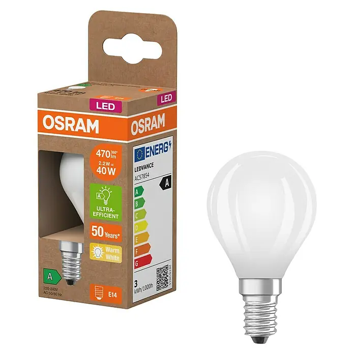 Osram LED-Leuchtmittel CLP40 - 2,2 W, 470 lm, Weiß - Produktbild: Osram LED-Lampe, 2,2W, E14, warmweiß, Energieeffizienzklasse A. Energiesparende Beleuchtung für Ihr Zuhause.