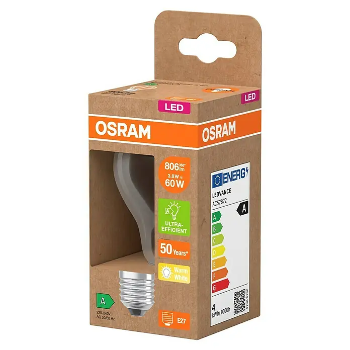 Osram LED-Leuchtmittel CLA60 - 3,8 W, 806 lm, Klar - Eine OSRAM LED-Lampe in ihrer Verpackung. Die Lampe ist mit 806 Lumen und 3,8W angegeben, was 60W entspricht. Energieeffizienzklasse A.
