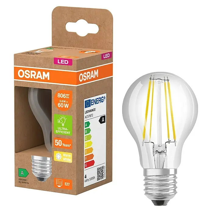 Osram LED-Leuchtmittel CLA60 - 3,8 W, 806 lm, Klar - Ein Osram LED-Leuchtmittel in A-Klasse mit klarem Design. Die Verpackung zeigt Informationen zu Energieeffizienz und Lebensdauer.