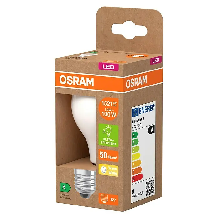 Osram LED-Leuchtmittel CLA100 - 7,2 W, 1.521 lm, Weiß - Produktverpackung einer OSRAM LED-Lampe, die Energieeffizienz, lange Lebensdauer und warmweißes Licht hervorhebt.