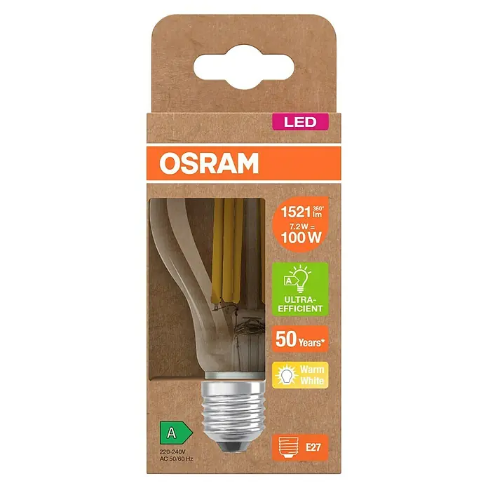 Osram LED-Leuchtmittel CLA100 - 7,2 W, 1.521 lm, Klar - Nahaufnahme einer OSRAM LED-Lampe in einer braunen Verpackung, die Energieeffizienz und lange Lebensdauer hervorhebt.