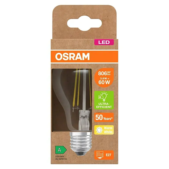 Osram LED-Leuchtmittel CLA60 - 3,8 W, 806 lm, Klar - Produktverpackung einer Osram LED-Lampe mit 806 Lumen, 3.8W Leistung, E27 Fassung und einer Lebensdauer von 50 Jahren.
