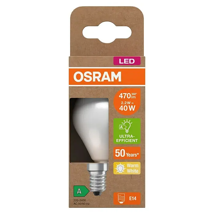 Osram LED-Leuchtmittel CLP40 - 2,2 W, 470 lm, Weiß - Nahaufnahme einer OSRAM LED-Lampe, die energieeffiziente Beleuchtung mit einer Lebensdauer von bis zu 50 Jahren bietet.