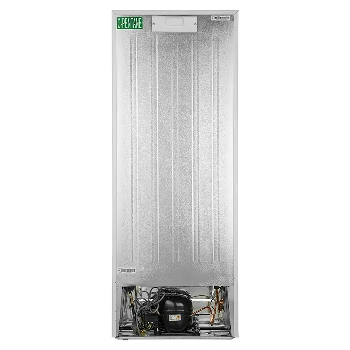 PKM Tiefkühlschrank GS 168-M - Nutzinhalt Gesamt: 168 l, 57,1 x 54,4 x 142,6 cm, Weiß - Rückansicht eines Kühlschranks mit dem Kühlmittel C-PENTANE und einer Kompressoreinheit am Boden, die eine effiziente Kühlung gewährleistet.