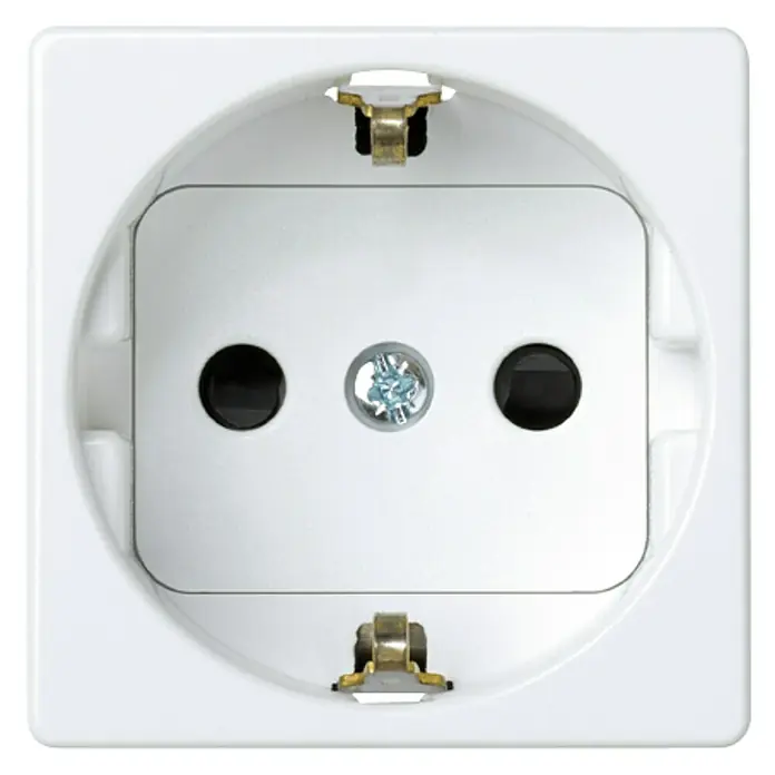 Simon 27 Tapa para mecanismo enchufe 2 P+TT - Blanco, Aluminio, Montaje en superficie - Primer plano de un enchufe Schuko blanco, destacando su forma redonda y contactos de tierra. Ideal para instalaciones eléctricas.