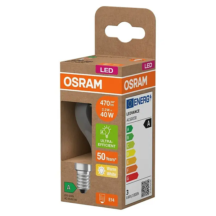 Osram LED-Leuchtmittel CLP40 - 2,2 W, 470 lm, Klar - Abbildung einer OSRAM LED-Lampe in ihrer Verpackung, die Energieeffizienz und Produktdetails hervorhebt.