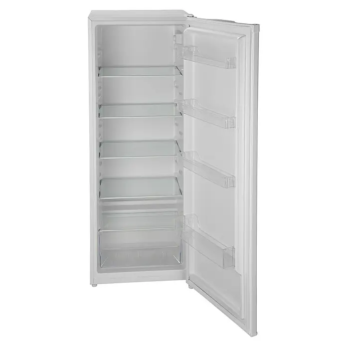 PKM Vollraumkühlschrank KS242-EM - Nutzinhalt Gesamt: 242 l, 55,6 x 54,4 x 142,6 cm, Weiß - Aufnahme eines offenen, leeren weißen Kühlschranks. Der Kühlschrank verfügt über mehrere Regale und Türablagen für die Lagerung von Lebensmitteln.