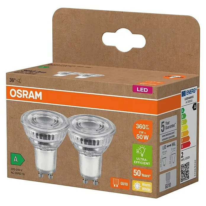 Osram LED-Lampen Set PAR16 - 2 W, 360 lm, 2 Stk. - Produktverpackung für zwei OSRAM LED-Lampen mit GU10-Sockel, warmweißem Licht und einer Lebensdauer von 50 Jahren.