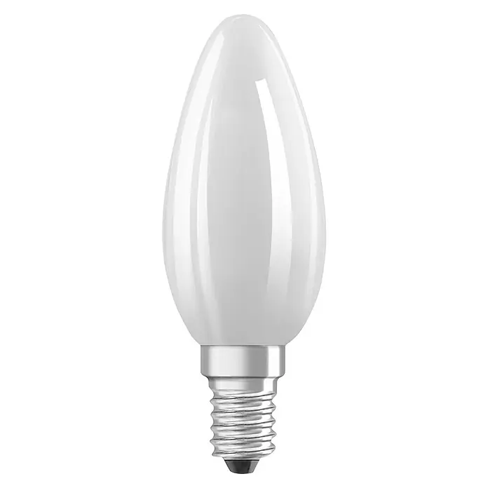 Osram LED-Leuchtmittel CLB40 - 2,2 W, 470 lm, Weiß - Nahaufnahme einer weißen, matten LED-Kerzenlampe mit einem E14-Sockel, ideal für dekorative Beleuchtung und energieeffiziente Lösungen.