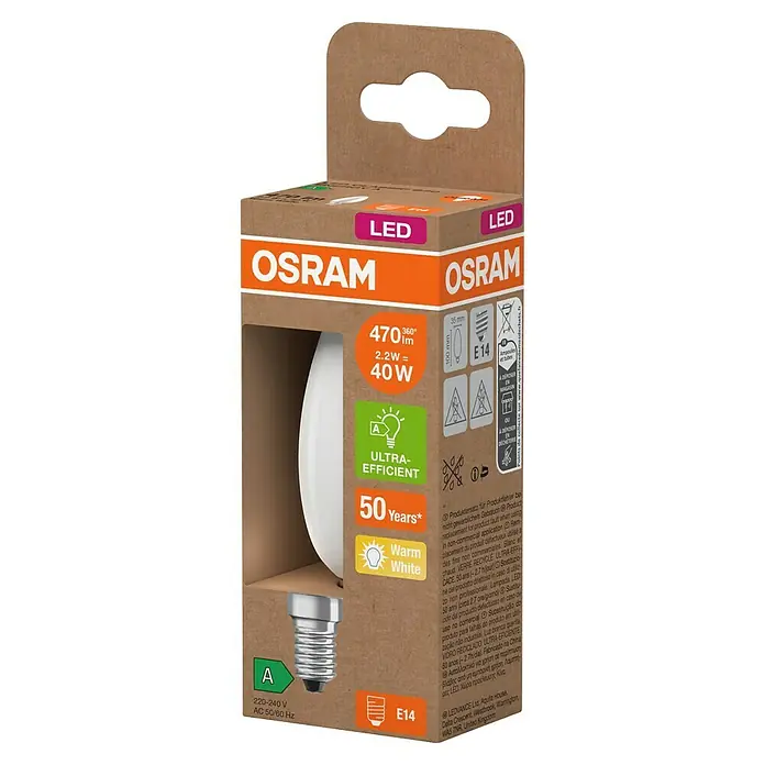 Osram LED-Leuchtmittel CLB40 - 2,2 W, 470 lm, Weiß - Nahaufnahme einer OSRAM E14 LED-Lampe, energiesparend und langlebig für eine gemütliche, warmweiße Beleuchtung.