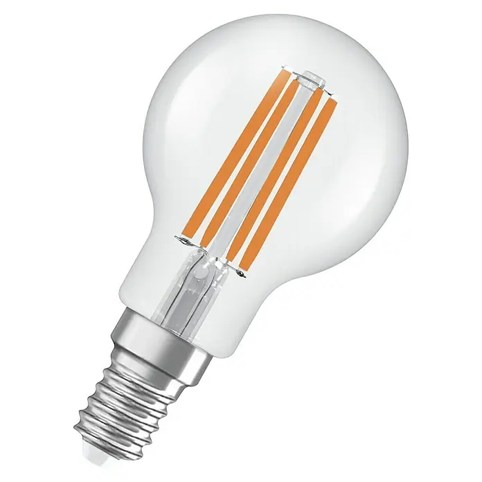 Osram LED-Leuchtmittel CLP40 - 2,2 W, 470 lm, Klar - Nahaufnahme einer klaren LED-Glühbirne mit orangefarbenen Filamenten, die modernes Design und Energieeffizienz vereint.