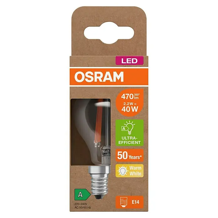 Osram LED-Leuchtmittel CLP40 - 2,2 W, 470 lm, Klar - Nahaufnahme einer Osram LED-Filamentlampe in einer braunen Pappverpackung, die für E14-Fassungen geeignet ist, mit 470 Lumen und 2,2 W.