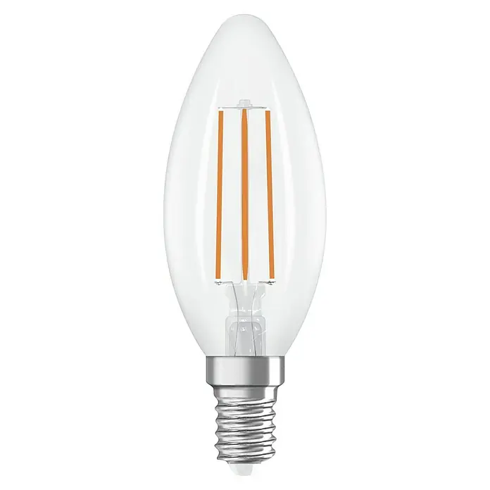 Osram LED-Leuchtmittel CLB40 - 2,2 W, 470 lm, Klar - Nahaufnahme einer klaren LED-Filament-Kerzenlampe mit E14-Sockel, die ein warmes, einladendes Licht für eine gemütliche Atmosphäre bietet.
