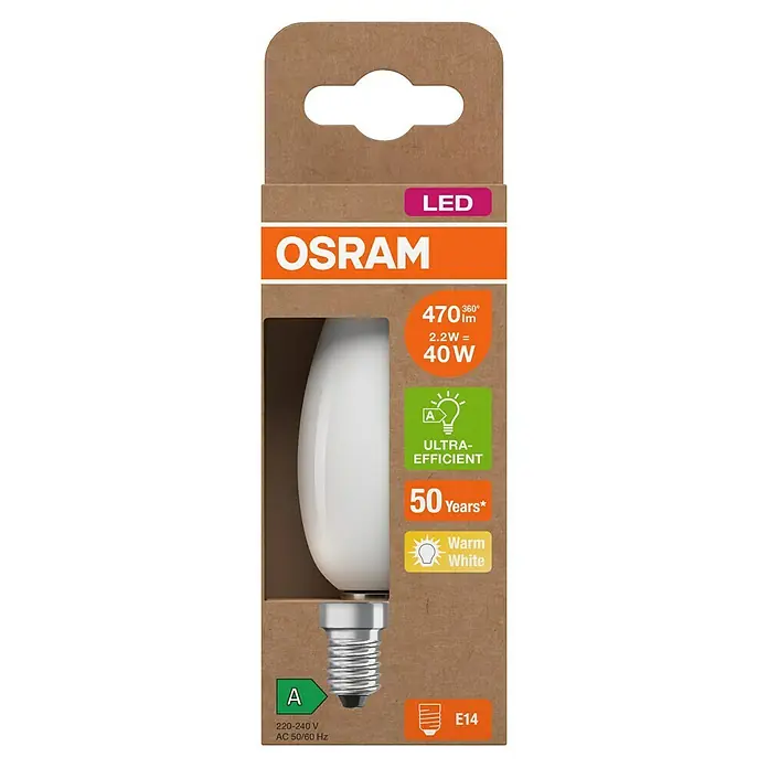 Osram LED-Leuchtmittel CLB40 - 2,2 W, 470 lm, Weiß - Das Bild zeigt eine Osram LED-Lampe E14 mit 470 Lumen, 2.2W Verbrauch, ultra-effizient und einer Lebensdauer von 50 Jahren.
