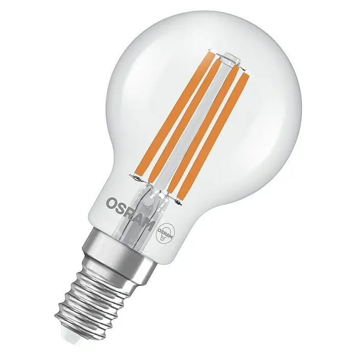 Osram LED-Leuchtmittel CLP40 - 2,2 W, 470 lm, Klar - Nahaufnahme einer OSRAM LED-Lampe mit klarem Glaskörper und sichtbaren Leuchtfäden, die ein warmes, einladendes Licht verspricht.
