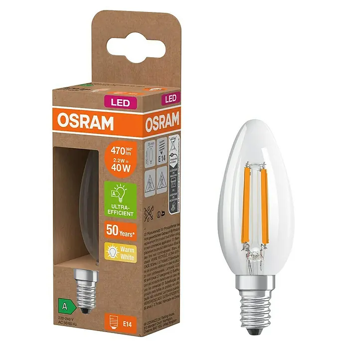 Osram LED-Leuchtmittel CLB40 - 2,2 W, 470 lm, Klar - Nahaufnahme einer Osram LED-Glühbirne, die energieeffizientes, warmweißes Licht mit einer langen Lebensdauer bietet.