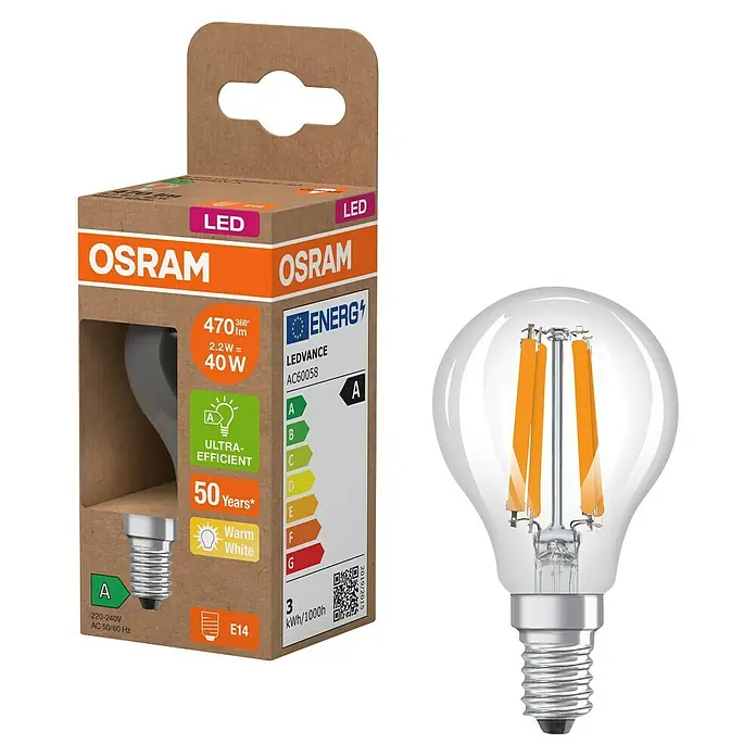 Osram LED-Leuchtmittel CLP40 - 2,2 W, 470 lm, Klar - Nahaufnahme einer OSRAM LED-Lampe mit Verpackung, die Energieeffizienz und Produktdetails hervorhebt.