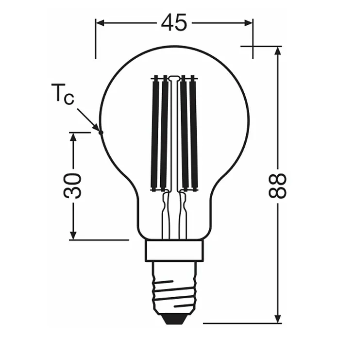Osram LED-Leuchtmittel CLP40 - 2,2 W, 470 lm, Klar - Abbildung einer LED-Glühbirne mit Maßangaben, die die Größe und Abmessungen des Produkts hervorheben.