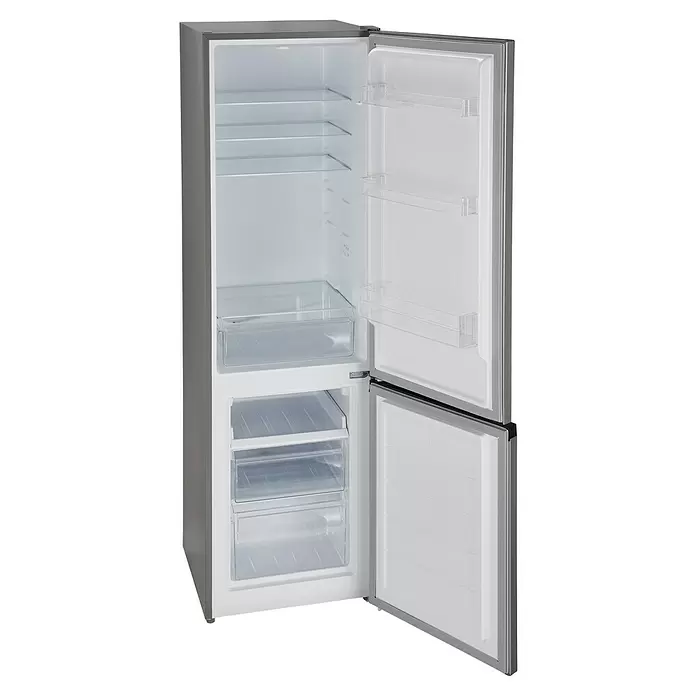 PKM Kühl-Gefrierkombination KGK262EIX - Nutzinhalt Gesamt: 262 l, 56 x 55 x 180 cm, Inox-Design - Offener silberner Kühlschrank mit weißem Innenraum, klaren Ablagen und Gefrierschubladen.