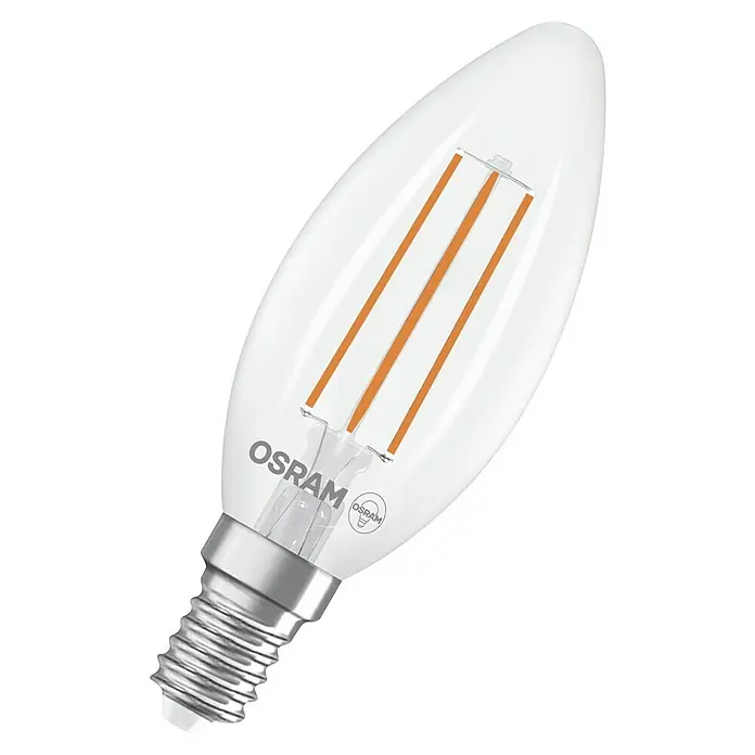 Osram LED-Leuchtmittel CLB40 - 2,2 W, 470 lm, Klar - Nahaufnahme einer Osram LED-Glühbirne in Kerzenform mit klarem Glaskörper, die eine energieeffiziente Beleuchtungslösung zeigt.