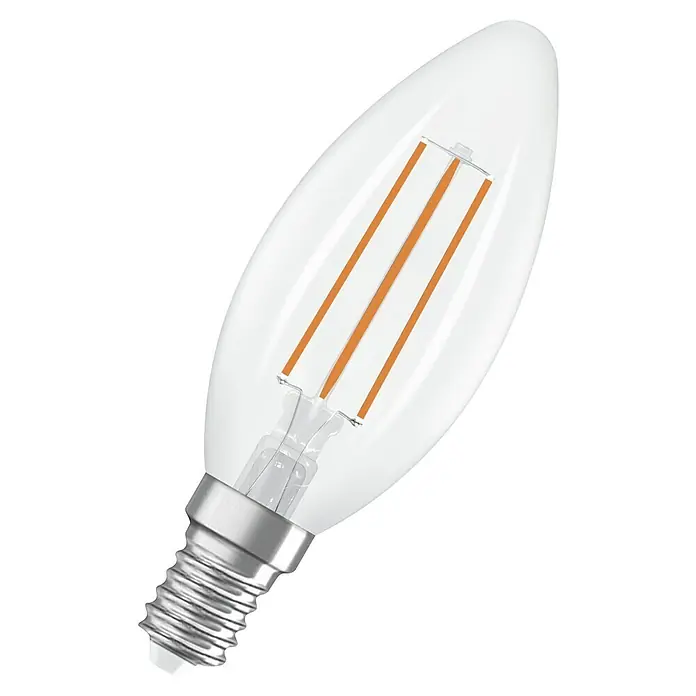 Osram LED-Leuchtmittel CLB40 - 2,2 W, 470 lm, Klar - Nahaufnahme einer LED-Filamentlampe in Kerzenform mit klarem Glaskolben und E14-Sockel.