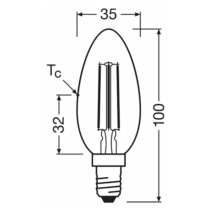 Osram LED-Leuchtmittel CLB40 - 2,2 W, 470 lm, Klar - Schema einer LED-Lampe in Kerzenform mit den Maßen 35 mm Durchmesser und 100 mm Höhe, sowie Tc Punkt und Abstand von 32 mm.