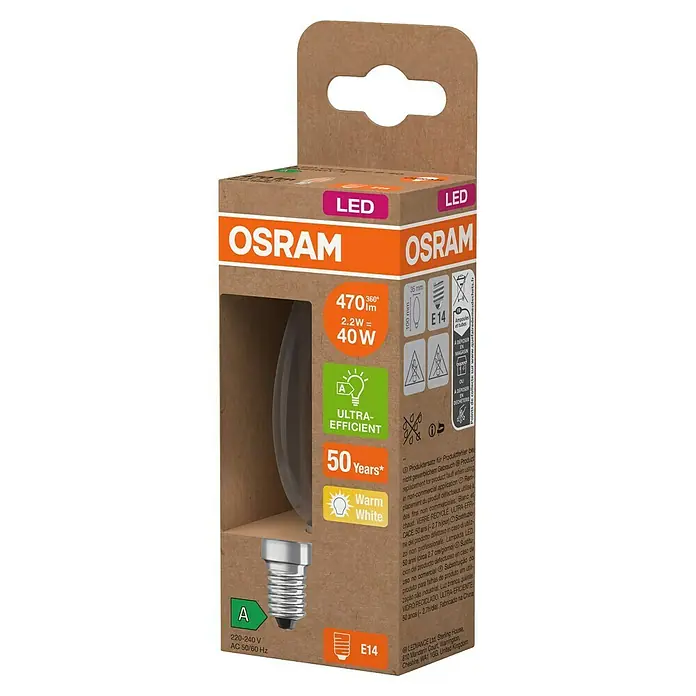 Osram LED-Leuchtmittel CLB40 - 2,2 W, 470 lm, Klar - Osram LED-Lampe in einer Verpackung. Sie ist eine 40W Lampe mit E14-Sockel, die warmweißes Licht spendet und eine lange Lebensdauer hat.