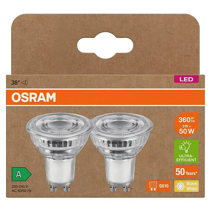 Osram LED-Lampen Set PAR16 - 2 W, 360 lm, 2 Stk. - Eine Packung Osram LED-Leuchtmittel GU10, 2W, die 50W entsprechen, mit warmweißem Licht und einer Lebensdauer von 50 Jahren.