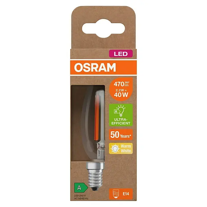 Osram LED-Leuchtmittel CLB40 - 2,2 W, 470 lm, Klar - Die Verpackung einer Osram LED-Lampe E14 mit 470 Lumen, 2.2W, die einer 40W Glühbirne entspricht, energiesparend und warmweißes Licht erzeugt.