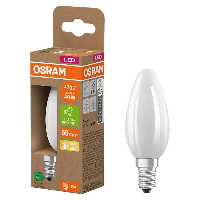 Osram LED-Leuchtmittel CLB40 - 2,2 W, 470 lm, Weiß - Produktansicht: Eine Osram LED-Lampe E14, warmweiß und energieeffizient, präsentiert in ihrer Verkaufsverpackung.