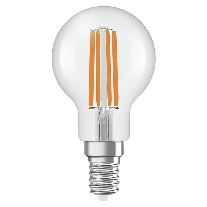 Osram LED-Leuchtmittel CLP40 - 2,2 W, 470 lm, Klar - Nahaufnahme einer klaren LED-Lampe mit dekorativen orangefarbenen Filamenten und einem silbernen Sockel auf schwarzem Hintergrund.