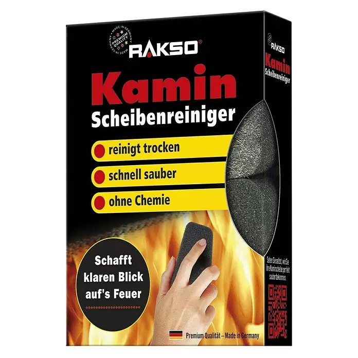 Reinigungsschwamm - 2 Stk., Schwarz - Schwarze Verpackung für RAKSO Kaminreiniger, zeigt dunkles Schleifpad, das von einer Hand vor Flammen gehalten wird.
