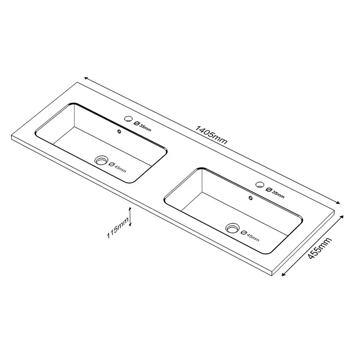 Lavabo doble Zeppelin - 140,5 x 45,5 cm, Orificios para grifo: Medio, Rosa california - Vista del producto: Mueble de baño con dos lavabos, con unas medidas de 1405 mm x 455 mm, ideal para baños.