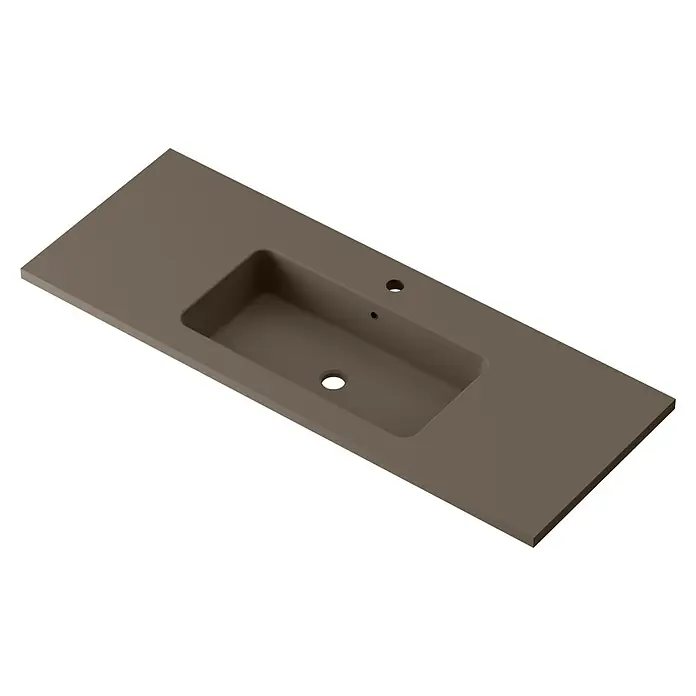 Lavabo Zeppelin - 120,5 x 45,5 cm, Orificios para grifo: Medio, Con desbordamiento, Nut - Encimera de tocador color taupe con lavabo integrado y orificio para grifo para diseños de baño elegantes. Duradera y fácil de mantener.